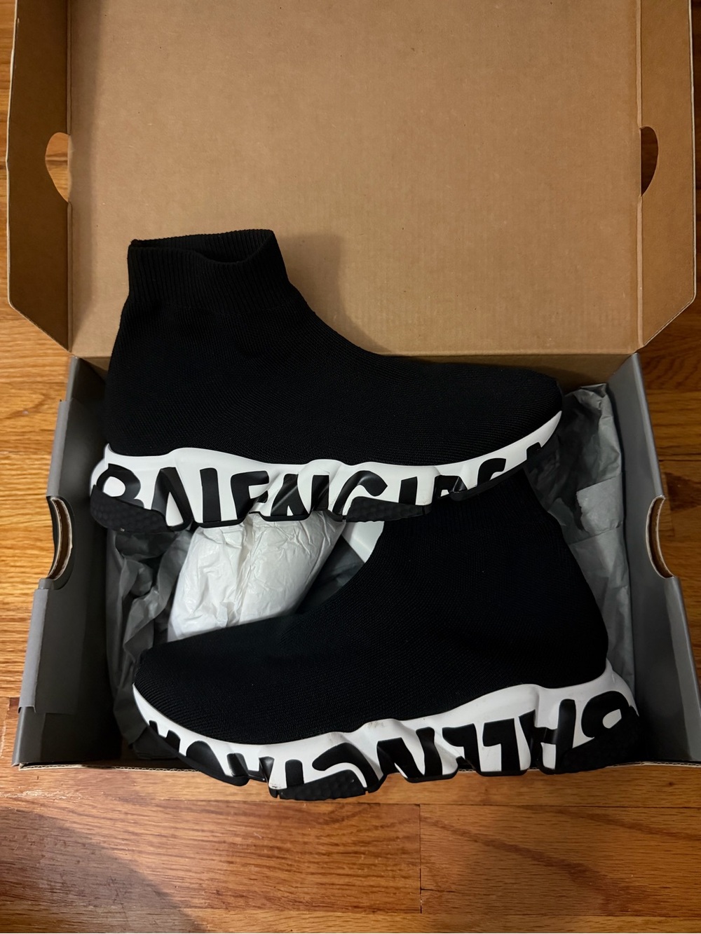 Balenciaga Black Sock-Style Trainers with White Logo Sole Graffiti